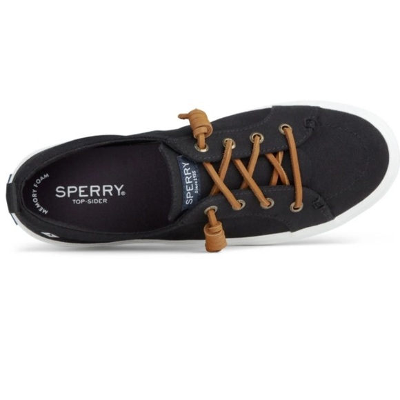 Sperry Crest Vibe Sneakers Black Canvas Shoes Tan Leather Laces Casual Slip-on - Picture 3 of 12
